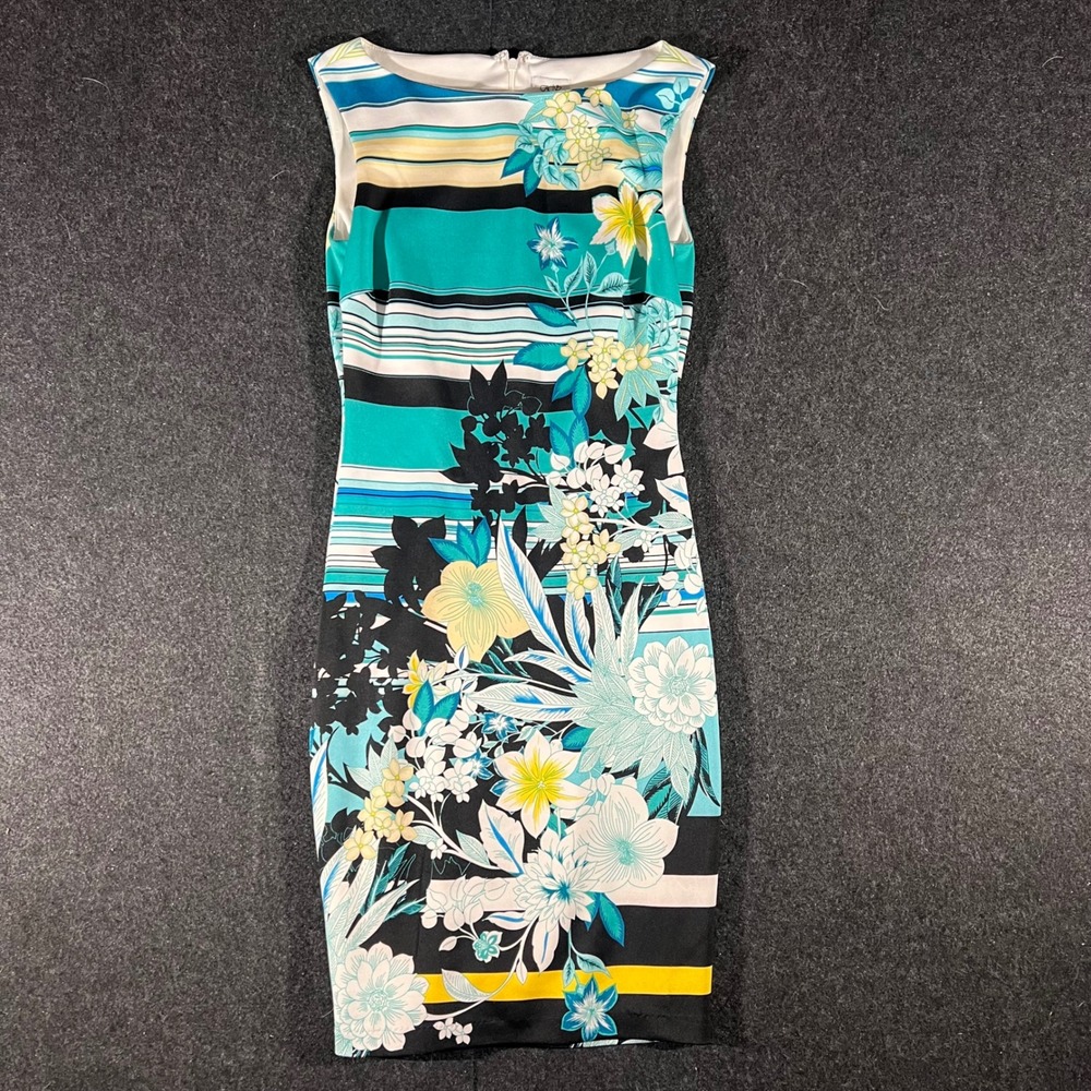 Cache Floral Striped Sheath Dress Womens 0 Teal Blue Tropical Bodycon Cocktail